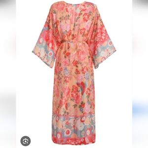 Floral Duster Length Robe Kimono Bathing Suit Cover Up Open Front Belted One Sz